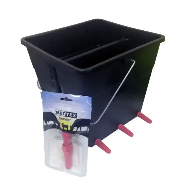 Black plastic nettex agri lamb feeder bucket with four pink nipples and silver handle for easy feeding