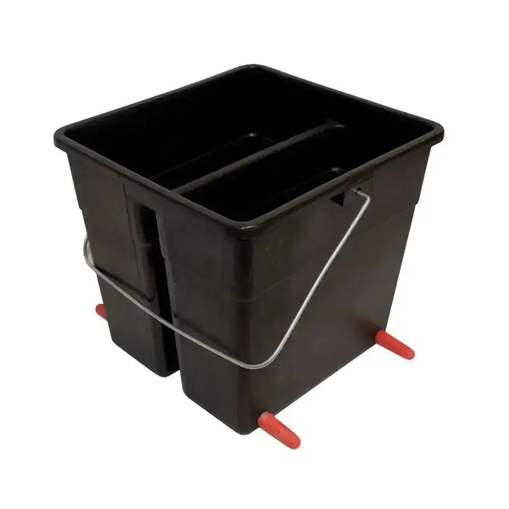 Black plastic nettex agri lamb feeder bucket with red feet and silver wire handle for easy carrying