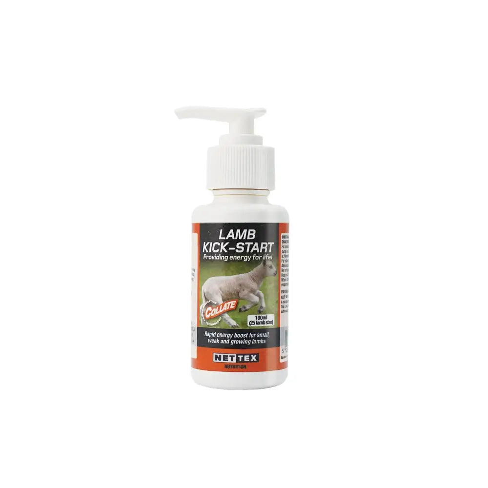 White plastic bottle with white pump dispenser labeled lamb kick-start by nettex for agri lamb kick-start use