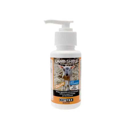 White plastic pump bottle labeled lamb-shield by nettex nutrition for nettex agri lamb-shield with selenised yeast culture to support newborn lambs