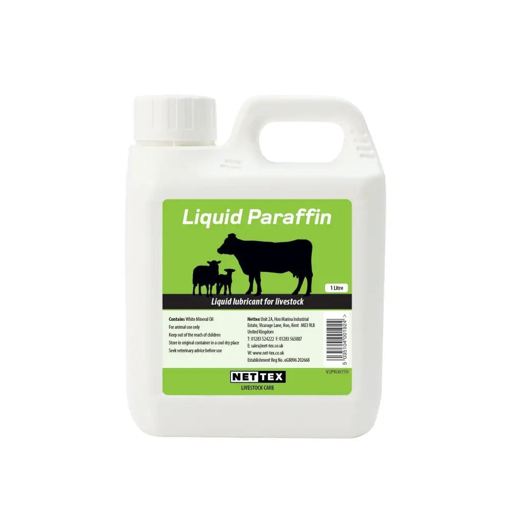 White plastic jug with green label and black livestock silhouettes for nette x agri liquid pure medicinal quality laxative