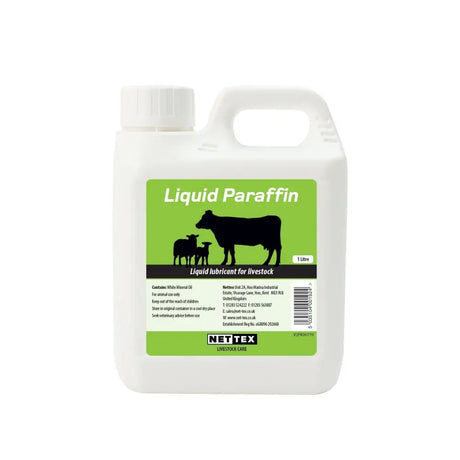 White plastic jug with green label and black livestock silhouettes for nette x agri liquid pure medicinal quality laxative