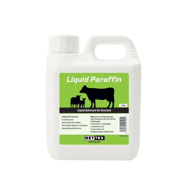White plastic jug with green label and black livestock silhouettes for nette x agri liquid pure medicinal quality laxative