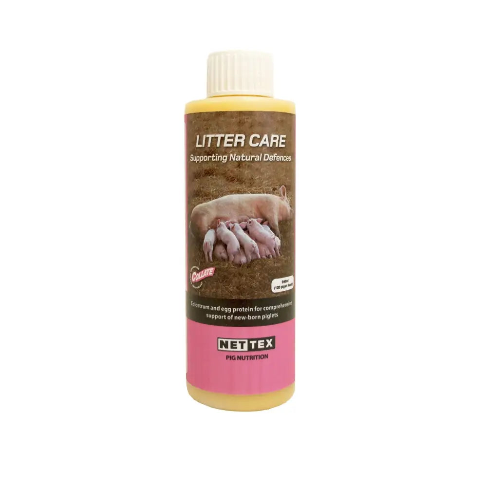 Yellow plastic bottle with white cap labeled nettex agri litter care liquid for concentrated instant energy