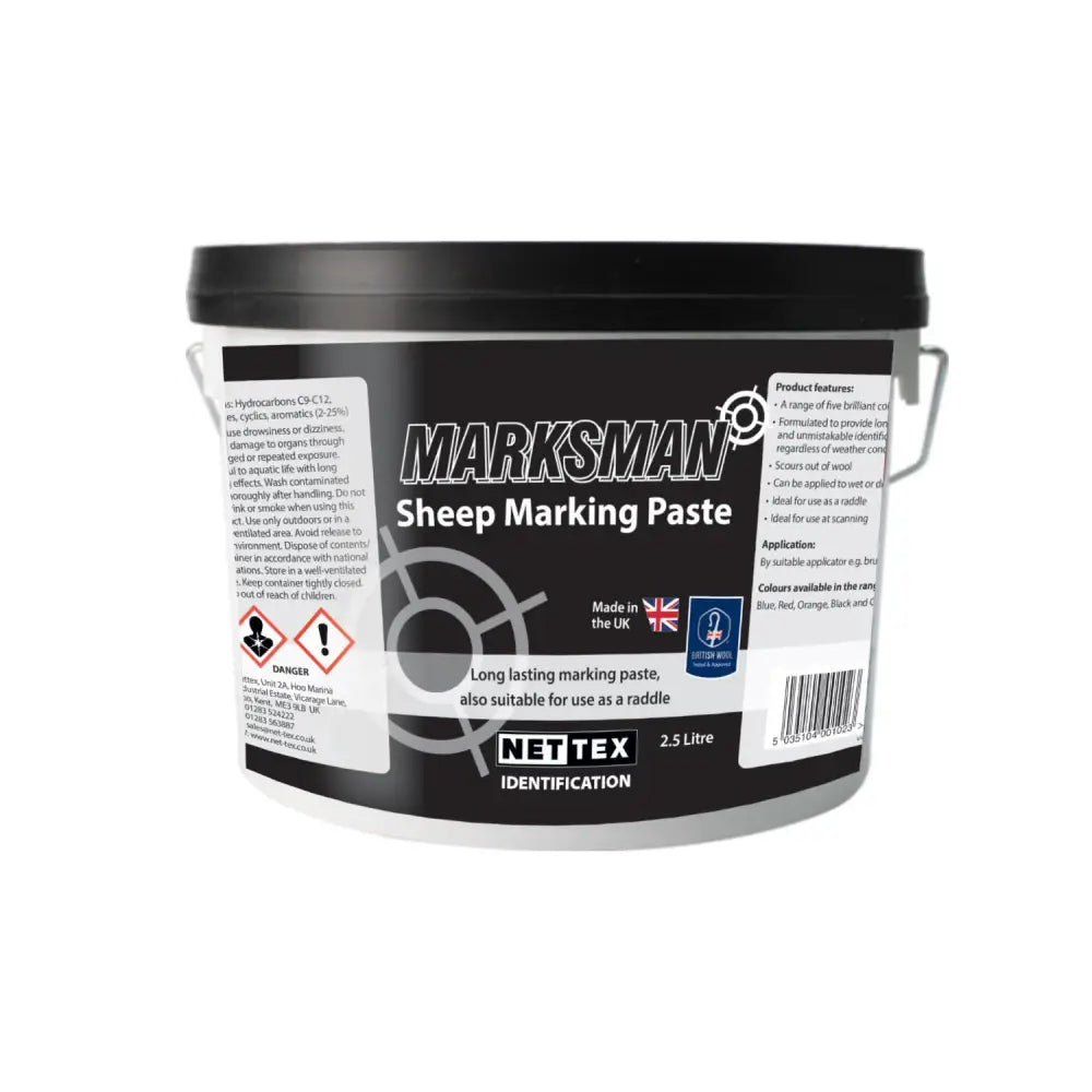 Black plastic bucket with black lid and white label showing nettex agri marksman scourable marking paste for sheep
