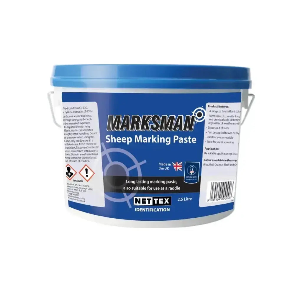 Blue plastic bucket with white label and handle labeled nettex agri marksman sheep marking paste scourable paste