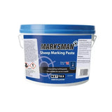 Blue plastic bucket with white label and handle labeled nettex agri marksman sheep marking paste scourable paste