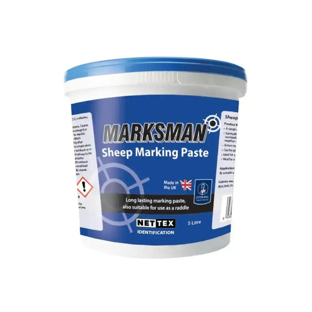 Blue and white plastic tub of nettex agri marksman scourable marking paste for sheep 5 litre capacity