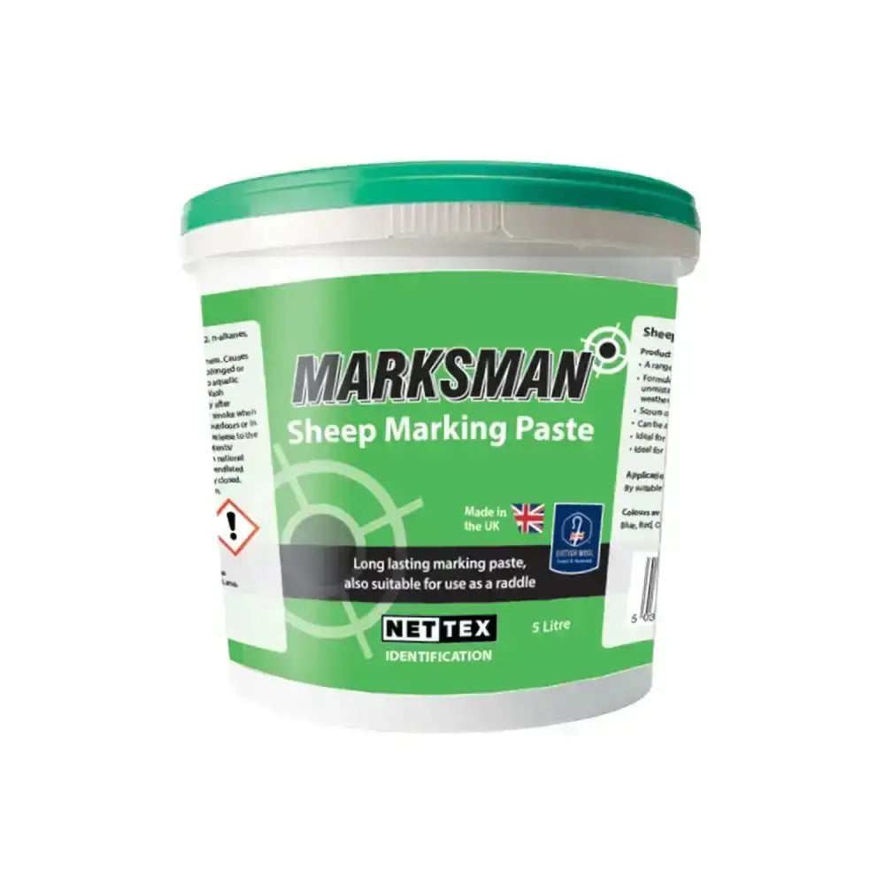 Green and white plastic tub of nettex agri marksman scourable marking paste for sheep 5 litre capacity