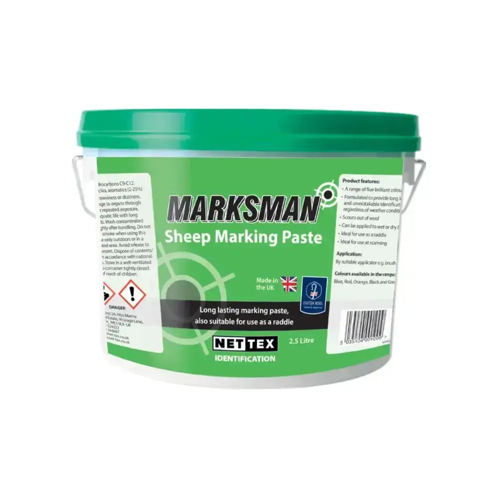 Green and white plastic bucket with green lid labeled nettex agri marksman scourable marking paste for sheep