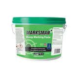 Green and white plastic bucket with green lid labeled nettex agri marksman scourable marking paste for sheep