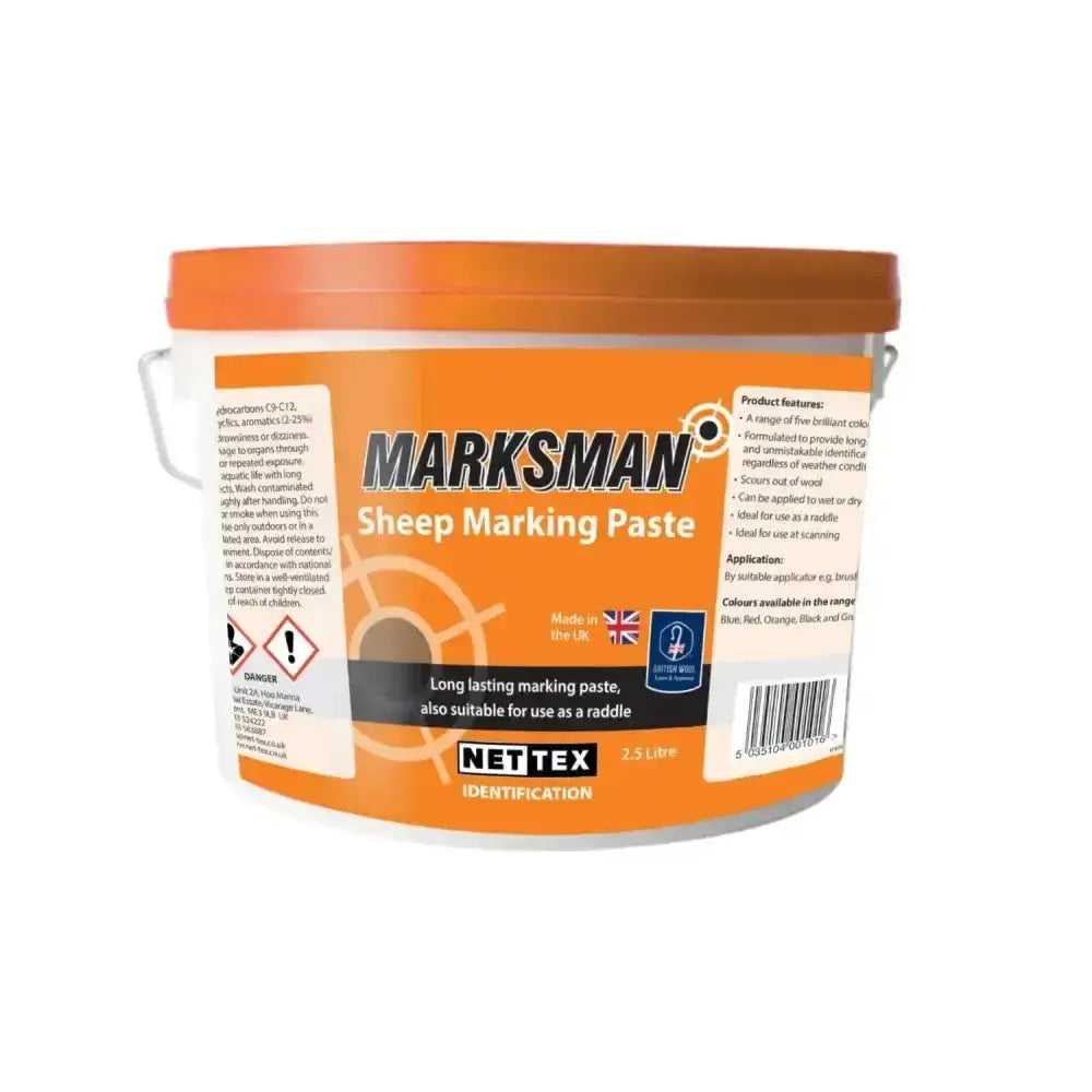 Orange and white 2.5-litre nettex agri marksman sheep maring paste bucket with sturdy lid and integrated handles for easy transport