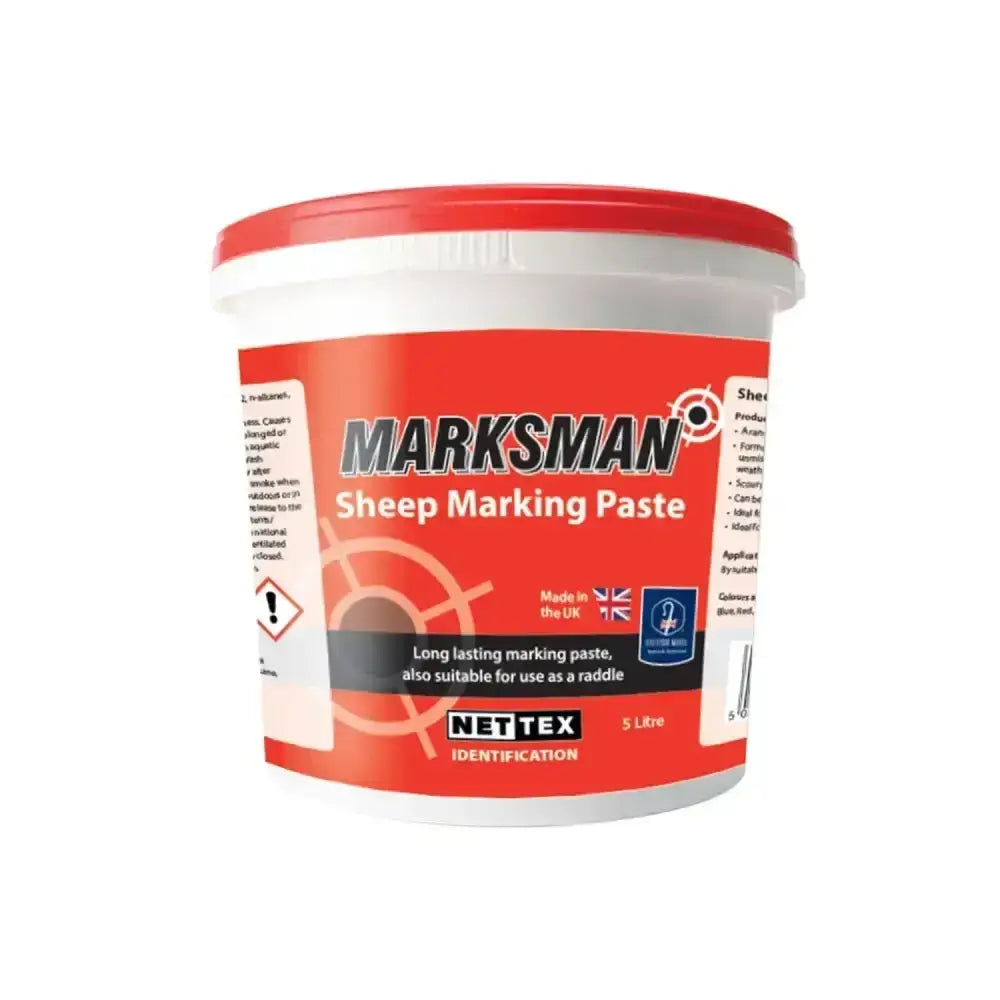 Red and white plastic tub of nettex agri marksman 5 litre scourable marking paste for sheep use