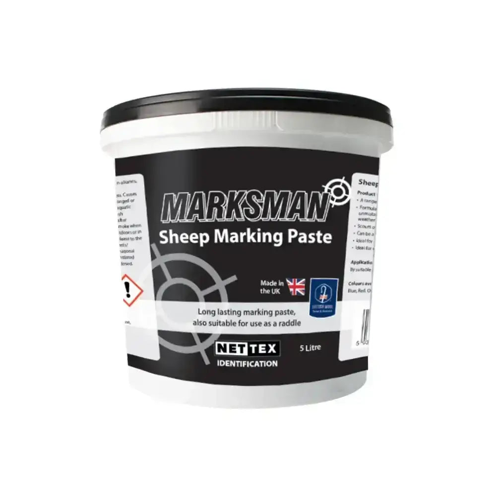 White plastic tub with black lid showcasing nettex agri marksman sheep marking scourable marking paste label