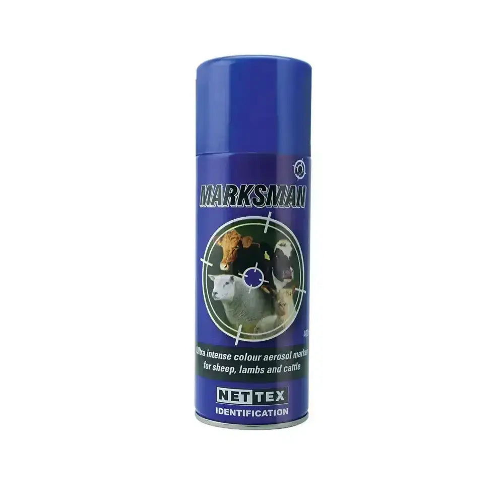 Blue cylindrical aerosol can of nettex agri marksman ultra intense colour spray for reliable sheep marking in british wool marketing