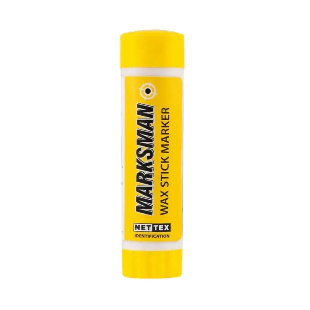 Yellow nettex agri marksman wax stick marker with white label and black text for temporary identification requirements
