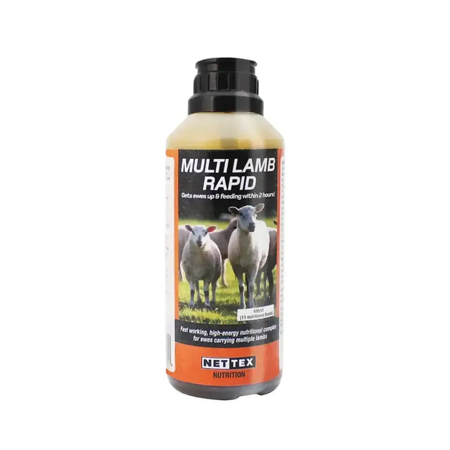 A clear plastic bottle with black cap containing amber multi lamb rapid liquid by nettex nutrition for twin lamb disease