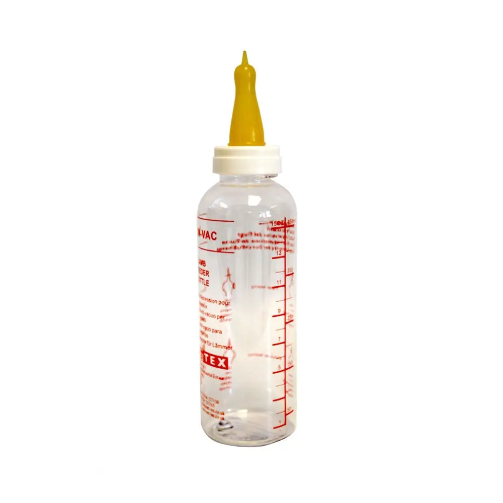 Clear nettex agri non-vac 500ml boilable polycarbonate baby bottle with yellow nipple and red measurement markings