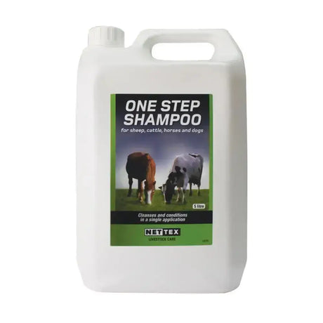White plastic jug of nettex agri one step animal shampoo low foaming for sheep cattle horses and dogs