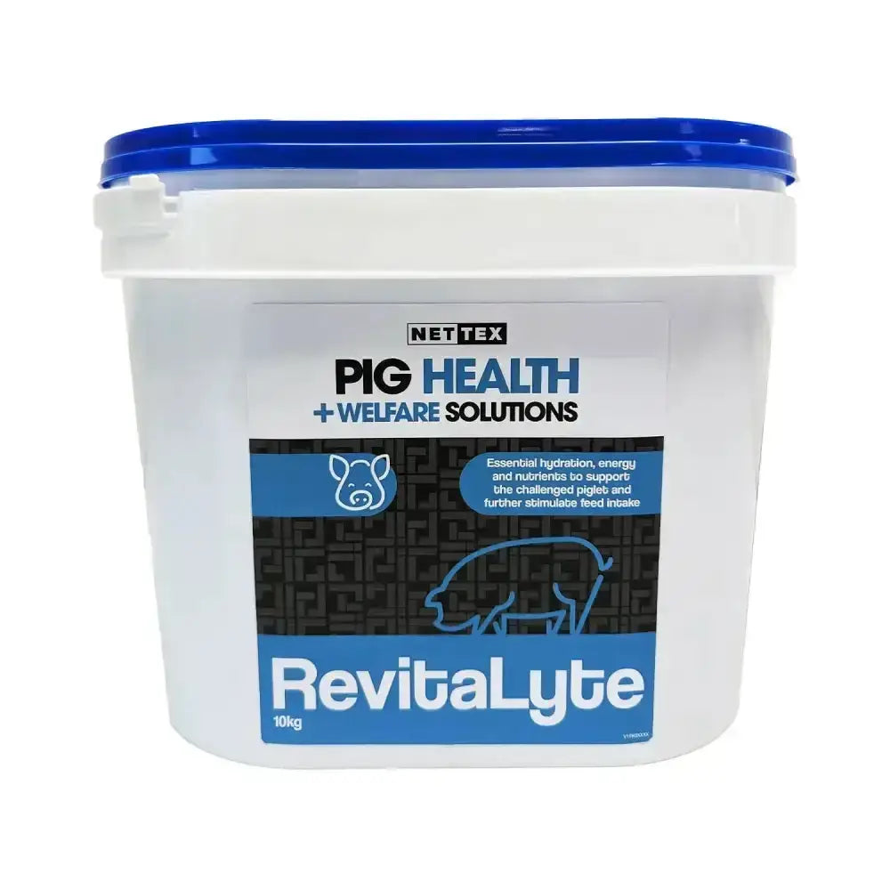 White plastic bucket with blue lid containing nettex agri pig health revitalyte powder for pig health and welfare solutions