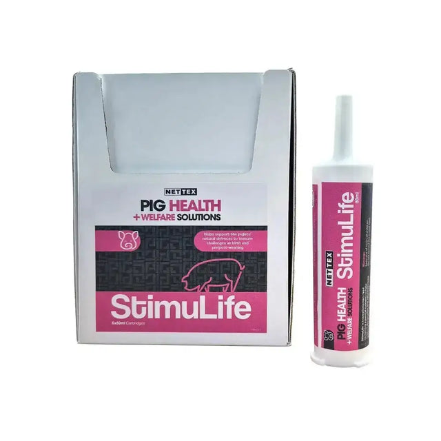 Pink and white tube of nettex agri pig health stimulife supplement for improving pig health and vitality