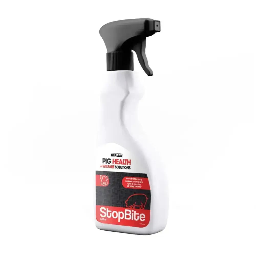 White plastic spray bottle with black trigger nozzle and red black stopbite label for nettex agri pig biting violet spray