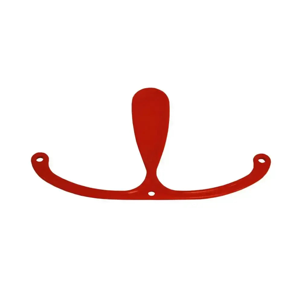 Red metal coat rack with three curved hooks for extra tying position in nettex agri prolapse ewespoon use