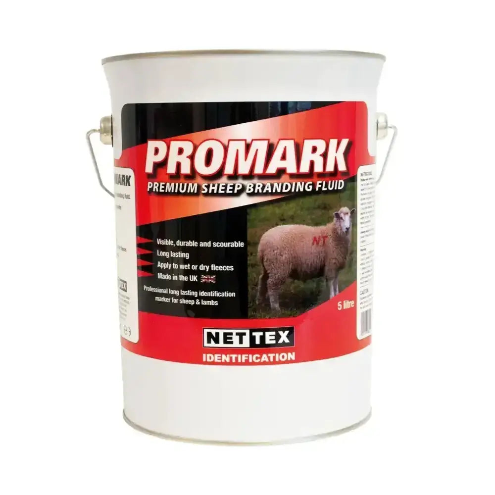 White metal bucket with red and black label of nettex agri promark premium sheep branding fluid for livestock use