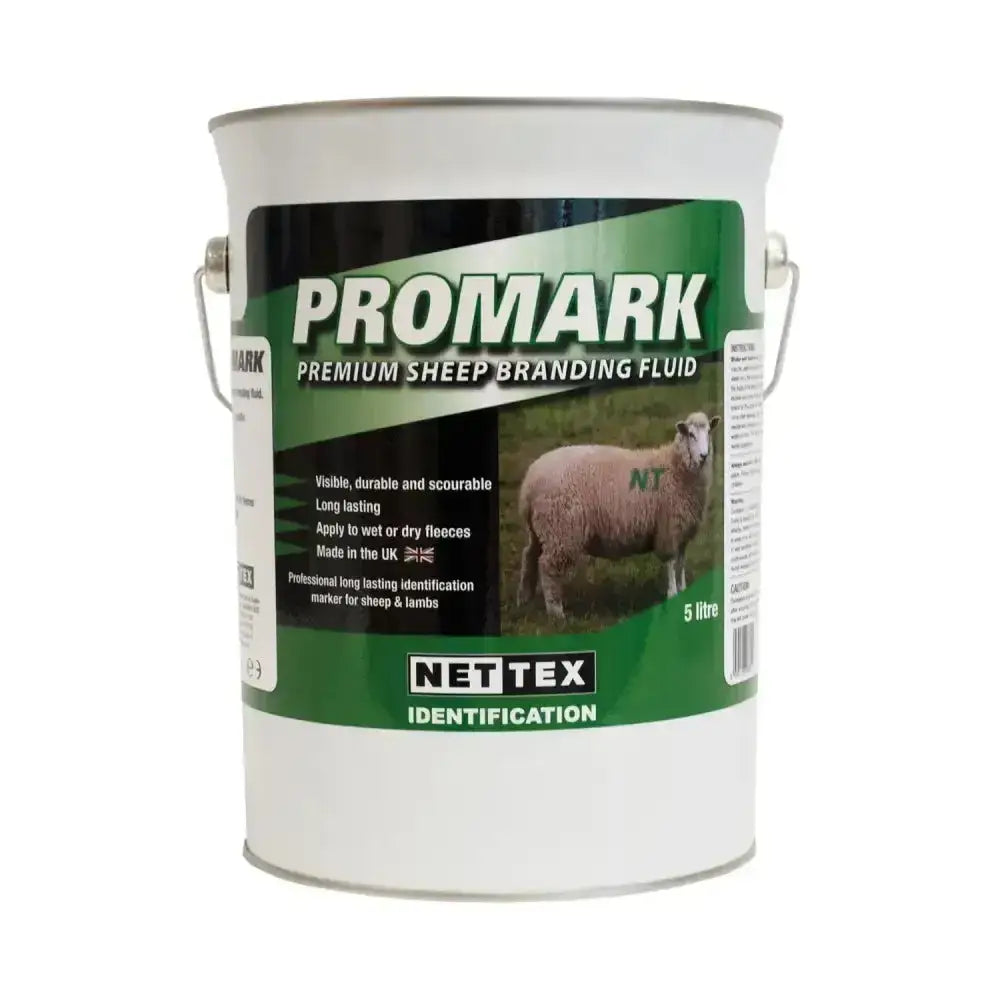 White metal canister of nettex agri promark premium sheep branding fluid with green and black promark label