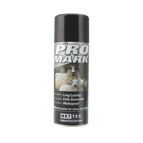 Black aerosol can of Nettex Agri Promark fully scourable professional marker for sheep and lamb identification