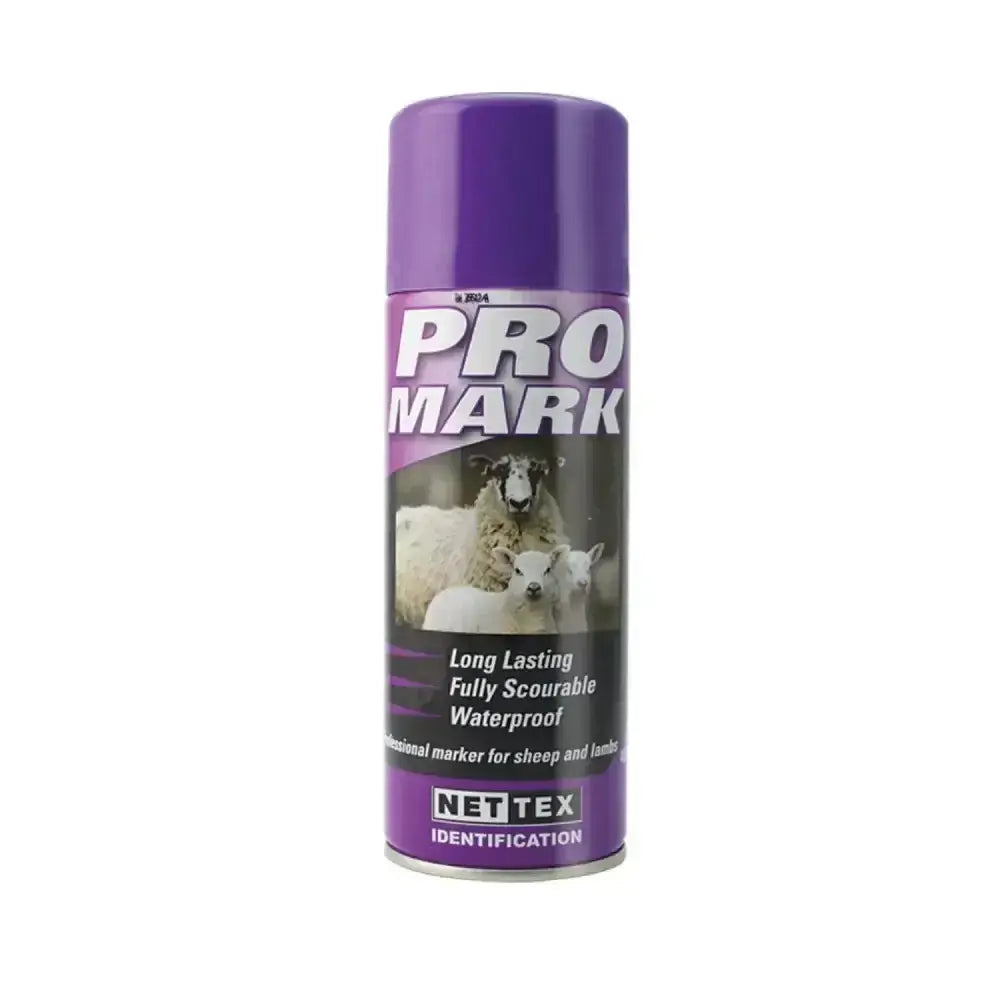 Purple aerosol can of nettex agri promark fully scourable professional marker spray for sheep and lamb identification