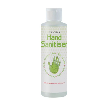 Clear plastic bottle of nettex agri puraclean alcohol-based sanitising hand rub with white cap and green label