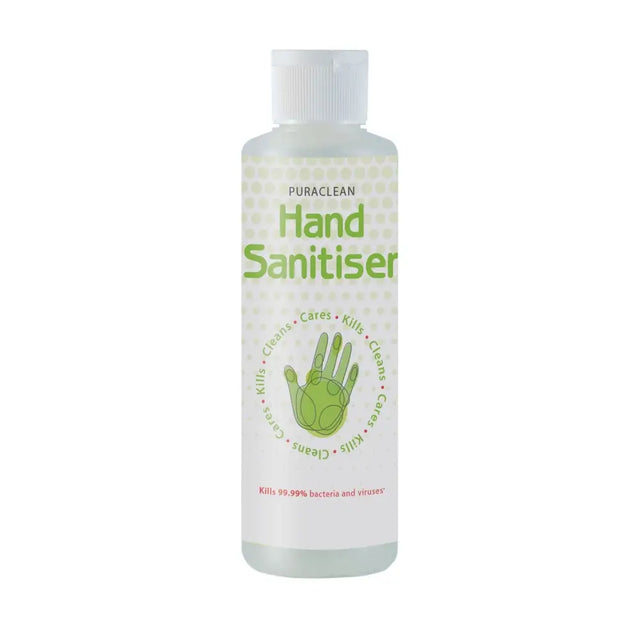 Clear plastic bottle of nettex agri puraclean alcohol-based sanitising hand rub with white cap and green label
