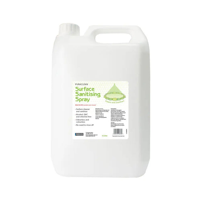 White plastic jug of netteks agri puraclean puraclean surface sanitising spray with 5 litre capacity
