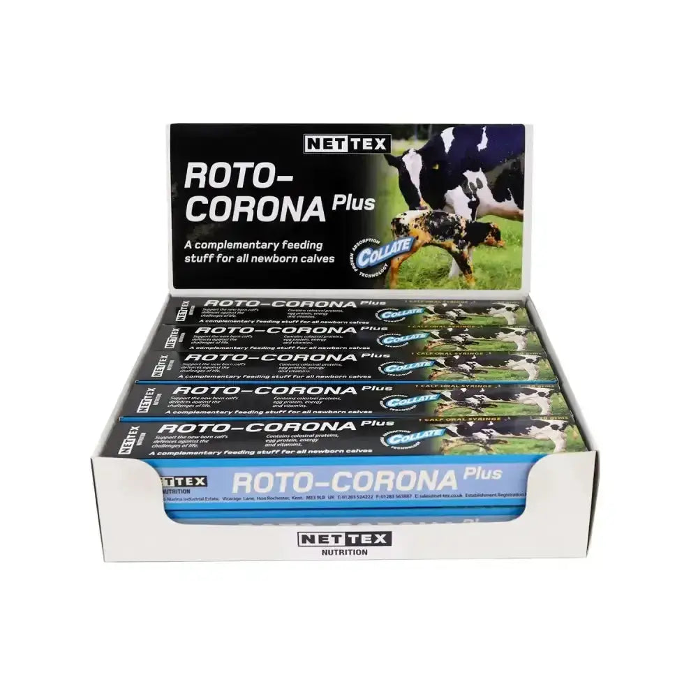 White cardboard display box with multiple nettex agri roto-corona plus packages supporting a newborn calf’s natural defences