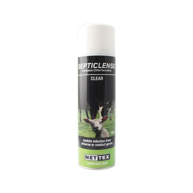 Clear nettex agri septiclense spray can with black green label for advanced antibacterial barrier wound spray on livestock