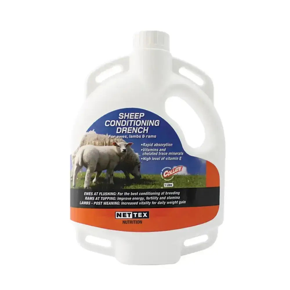 White plastic jug of nettex agri sheep conditioning drench with blue orange label and images of sheep for high specification vitamin use
