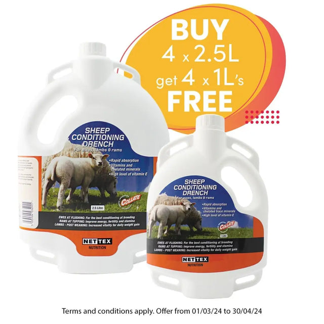 White plastic jugs of nettex agri sheep conditioning drench with blue and orange labels and sheep images for drench backpack
