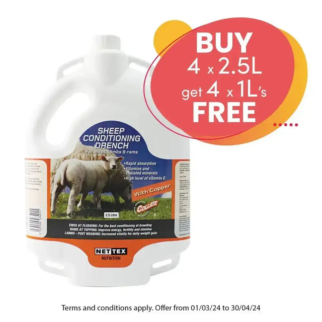 White plastic jug of nettex agri sheep conditioning drench with copper backpack label featuring sheep images