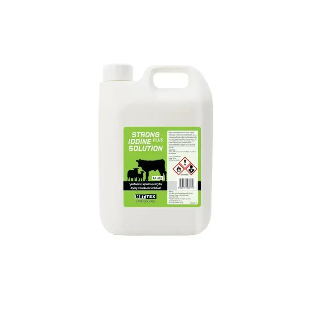 White plastic jug with green label nettex agri strong superior quality strong iodine plus solution for farm use