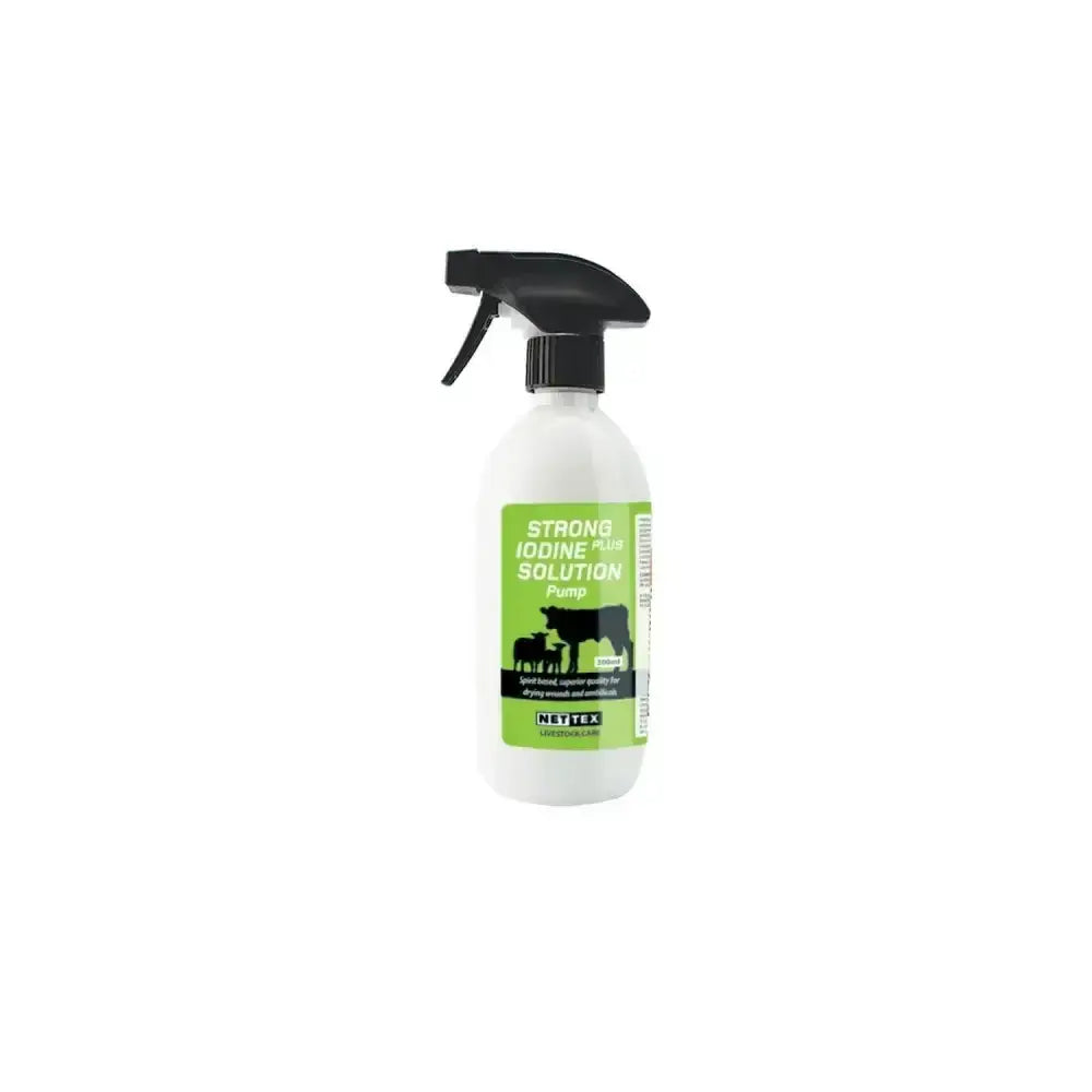 White plastic spray bottle with black nozzle and lime green label featuring a cow silhouette for nettex agri strong iodine solution