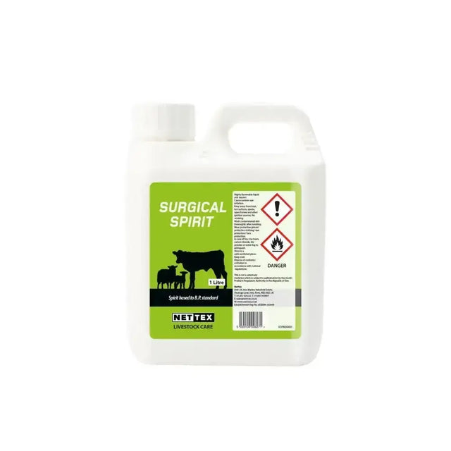 White plastic jug of nettex agri surgical spirit with green label and cattle illustration for purpose skin cleanser