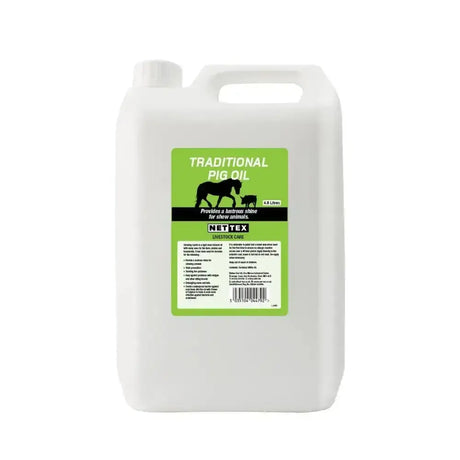 White plastic jug of nettex agri traditional pig oil 4.8 litres with green label for lustrous shine on pigs