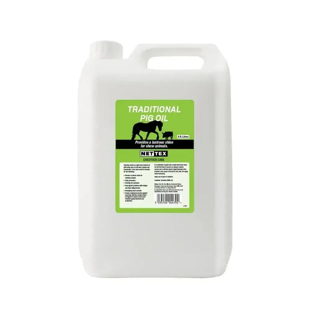 White plastic jug of nettex agri traditional pig oil 4.8 litres with green label for lustrous shine on pigs