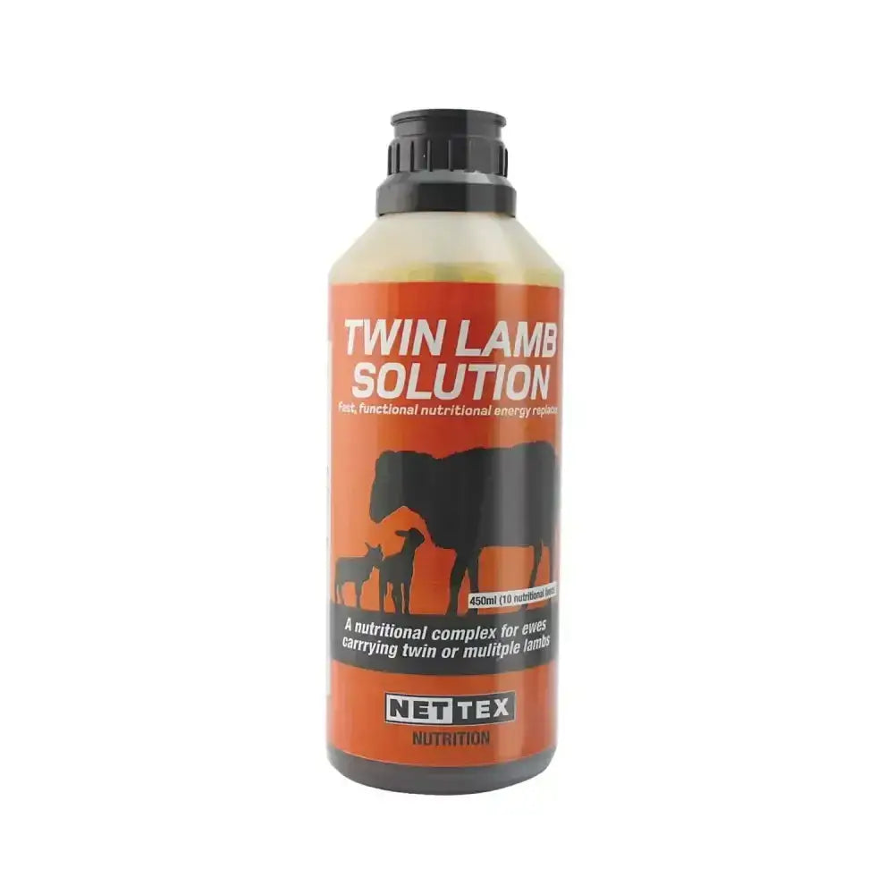 Orange-labeled bottle of Nettex Agri Twin lamb solution 450ml nutritional energy supplement for ewes carrying multiple lambs