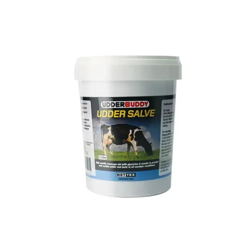 White plastic tub of nettex agri udder salve featuring a black and white cow image with pharmaceutical grade petroleum jelly