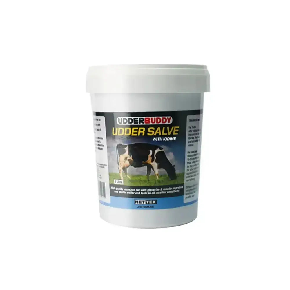 White plastic tub of Nettex Agri udder salve with iodine featuring black and white cows and pharmaceutical grade petroleum