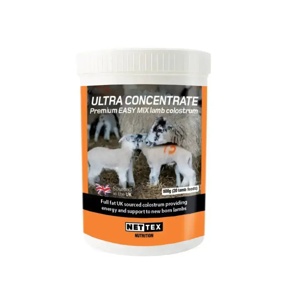 White plastic container with orange and black label of nettex agri ultra ultra concentrate colostrum providing energy powder