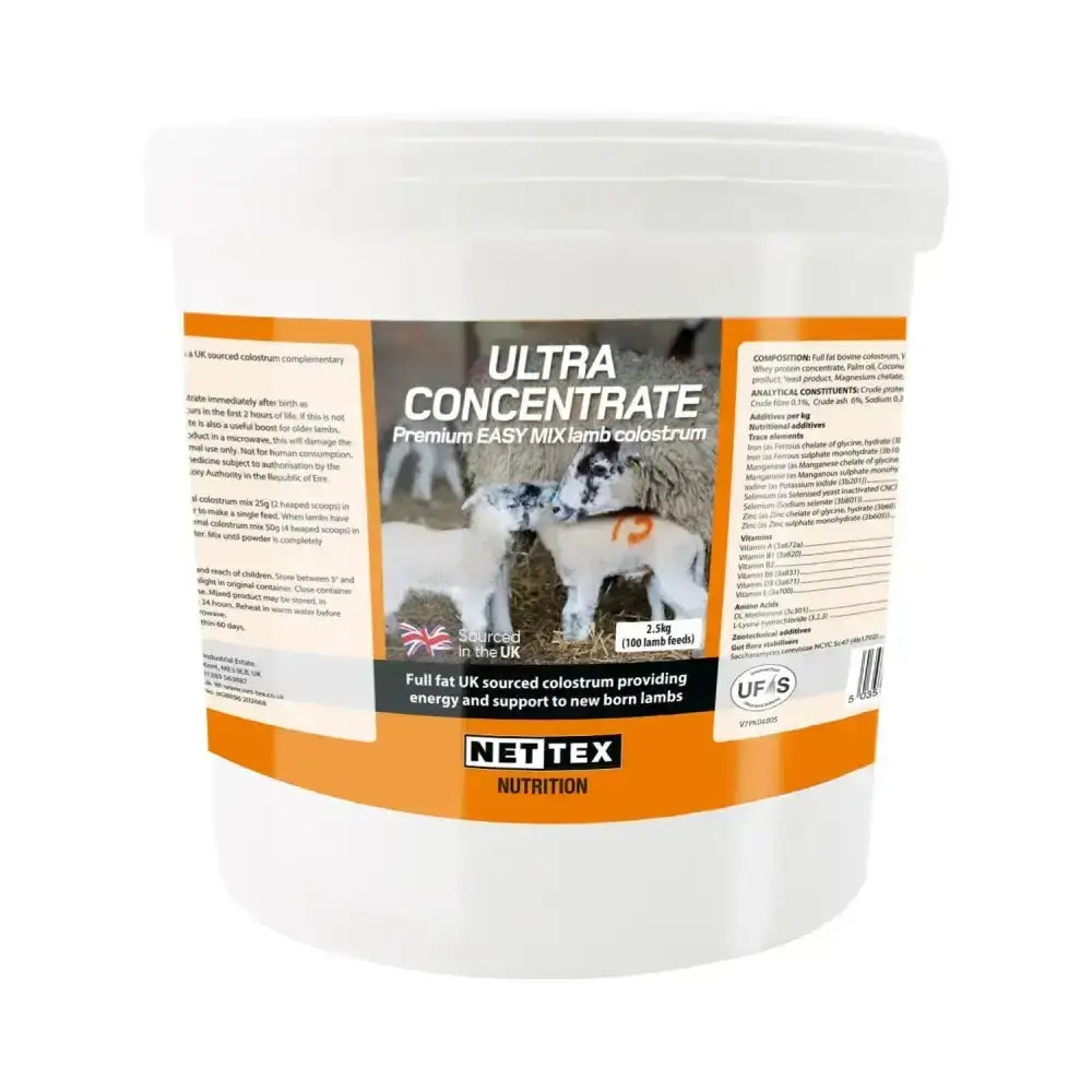 White plastic tub of nettex agri ultra concentrate colostrum providing energy for lambs in easy mix formula