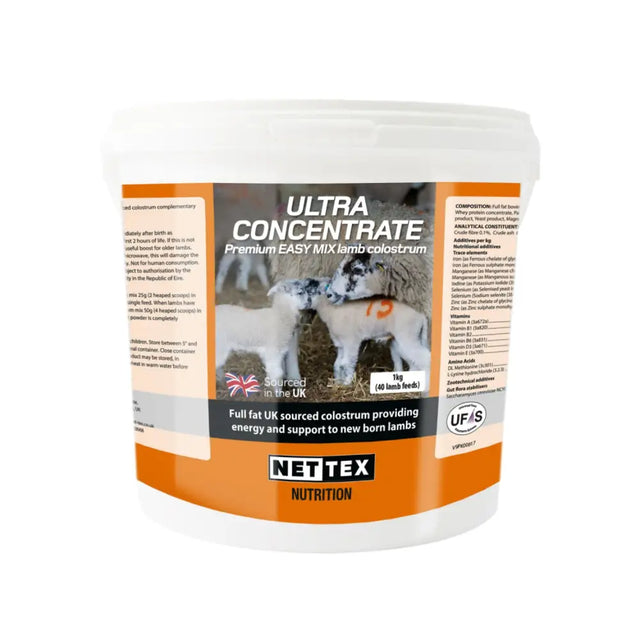 White plastic tub of nettex agri ultra concentrate colostrum with orange black label showing lambs providing energy